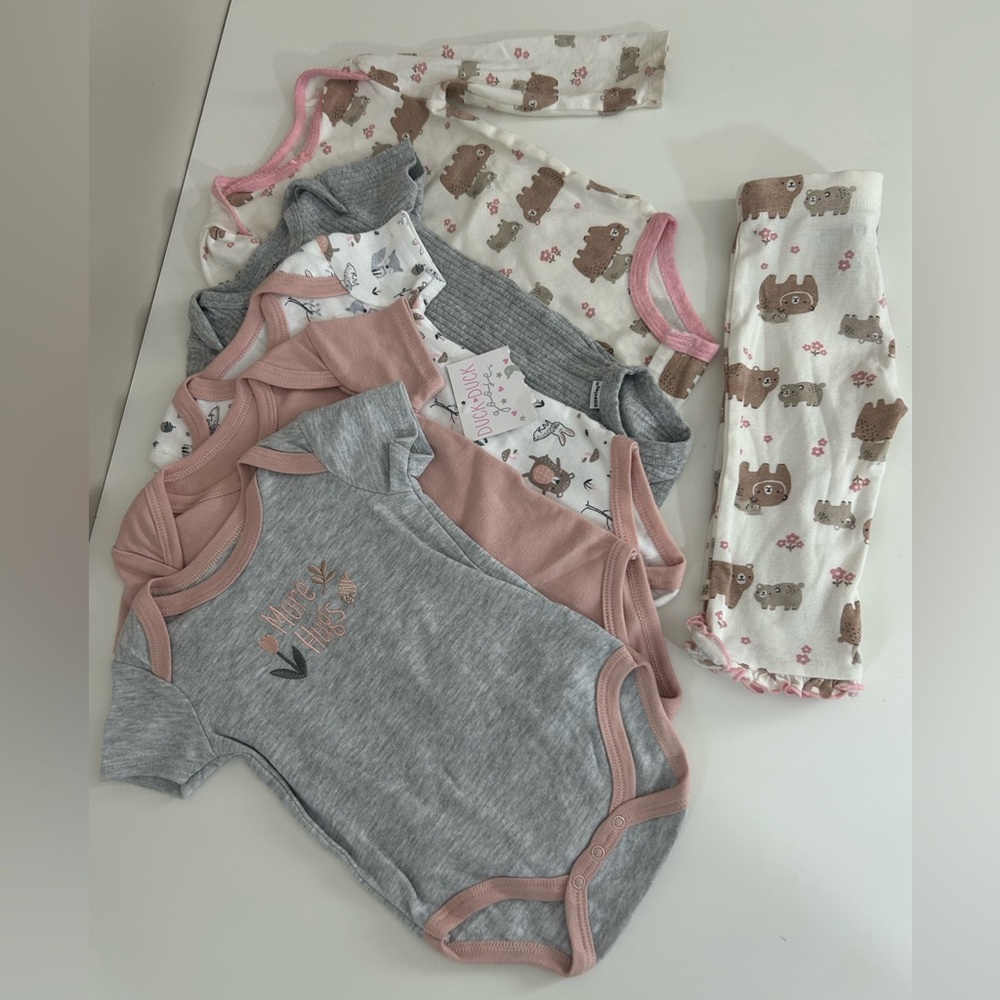 Baby Girl Bundle 6–9M Duck Duck Goose + Outfit Set Bear Theme (6pc)